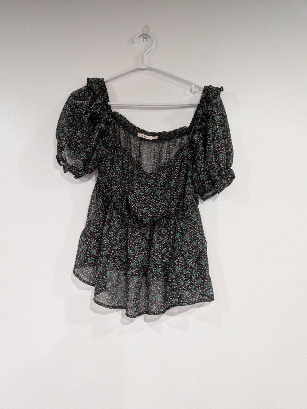 Mi Ami Sheer Floral Off the Shoulder Blouse Black Green Size Medium